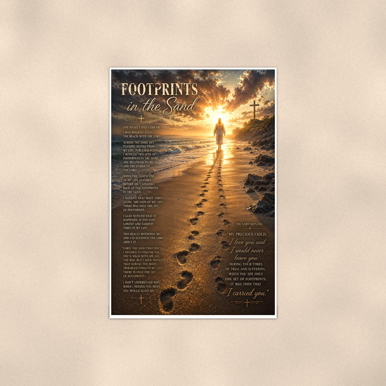 Footprints in the Sand — 24x36 in art print poster, premium luster paper with a white border; poster shown straight on against a warm wall.