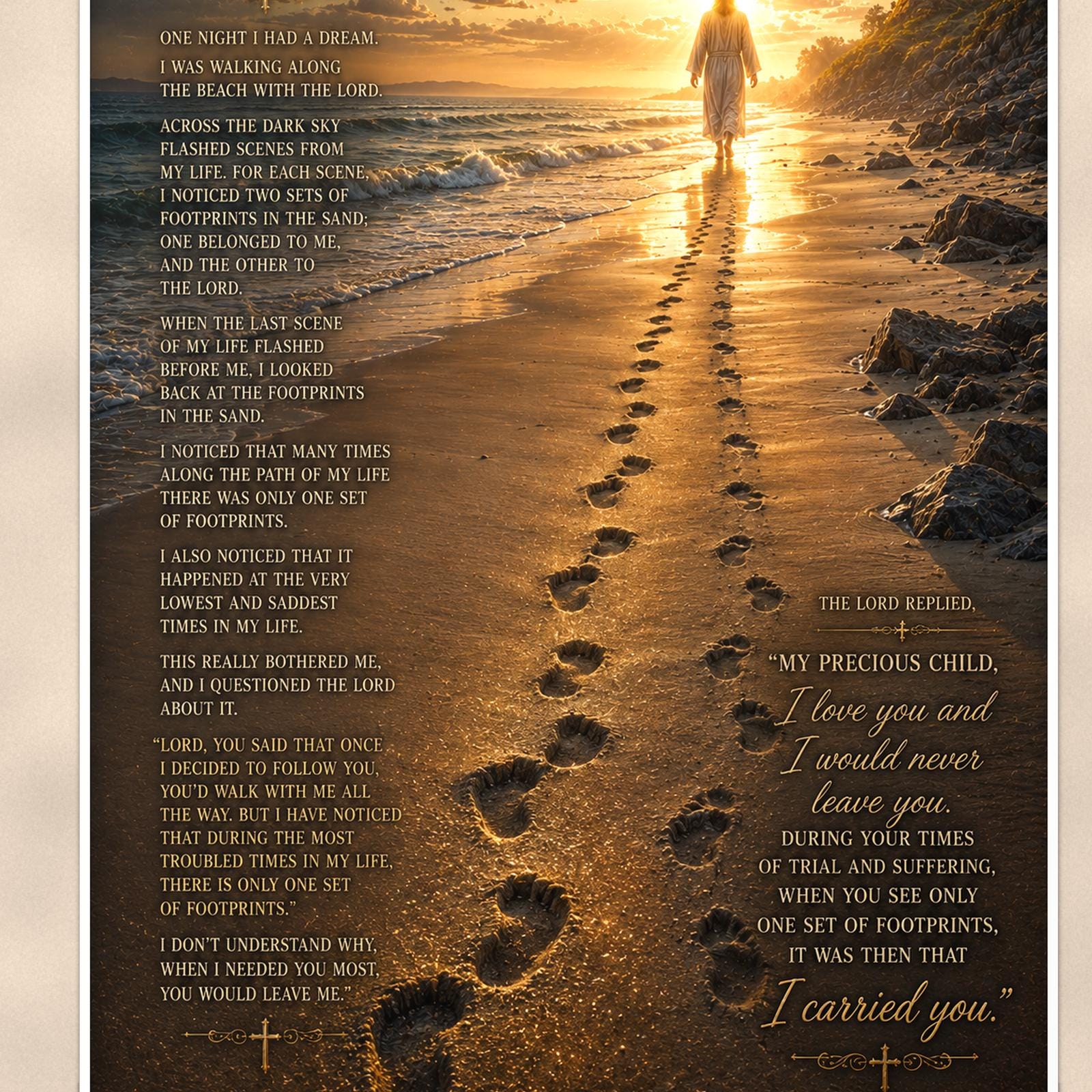 Footprints in the Sand — 24x36 in art print poster, premium luster paper with a white border; close-up framed on the main subject of the artwork, paper surface visible.