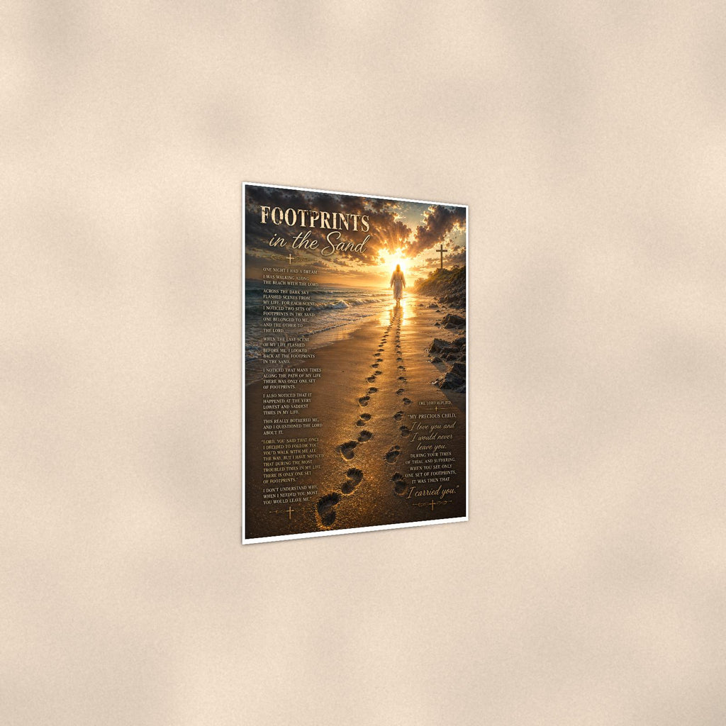 Footprints in the Sand — 24x36 in art print poster, premium luster paper with a white border; gentle three-quarter angle on a warm wall, showing the flat paper edge.