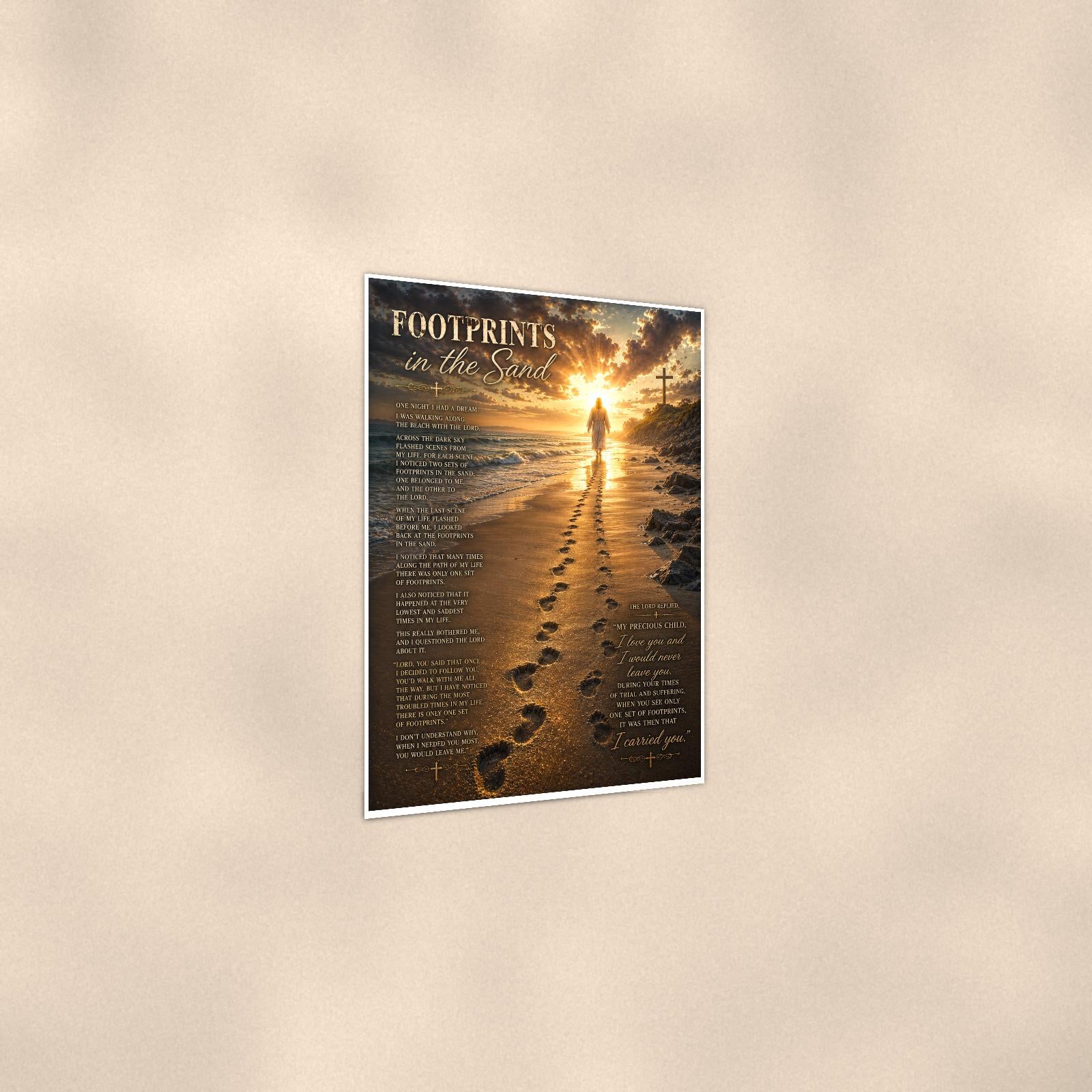 Footprints in the Sand — 24x36 in art print poster, premium luster paper with a white border; gentle three-quarter angle on a warm wall, showing the flat paper edge.