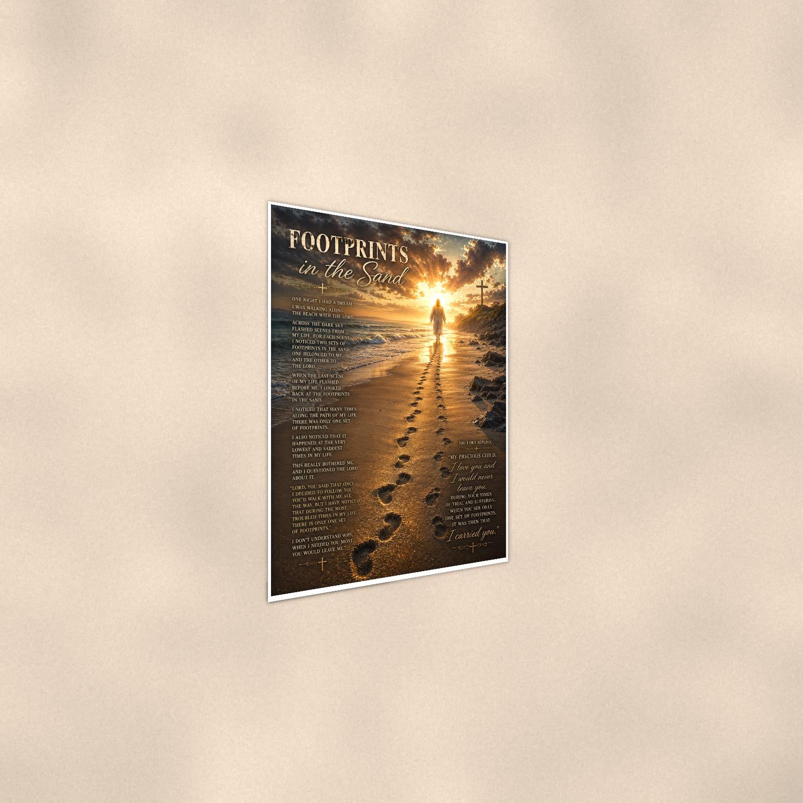 Footprints in the Sand — 24x36 in art print poster, premium luster paper with a white border; steeper three-quarter angle on a warm wall, catching the luster sheen.