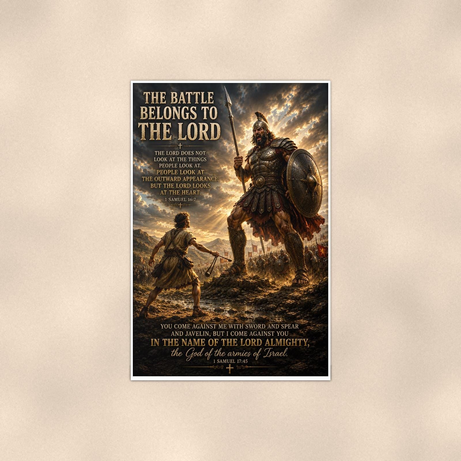 The Battle Belongs To The Lord — 24x36 in art print poster, premium luster paper with a white border; poster shown straight on against a warm wall.