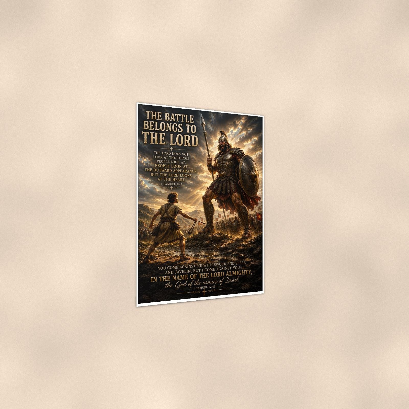The Battle Belongs To The Lord — 24x36 in art print poster, premium luster paper with a white border; gentle three-quarter angle on a warm wall, showing the flat paper edge.