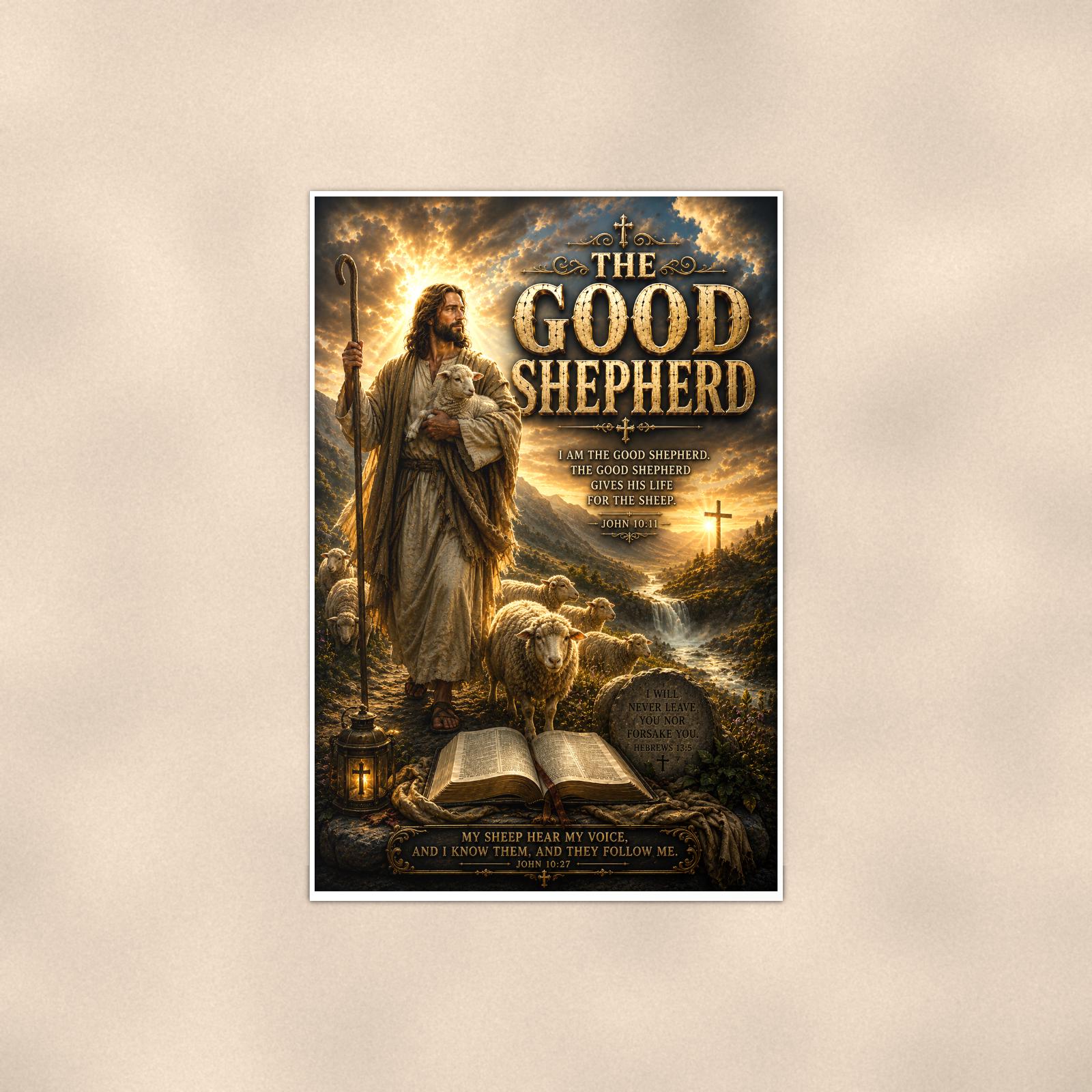 The Good Shepherd — 24x36 in art print poster, premium luster paper with a white border; poster shown straight on against a warm wall.