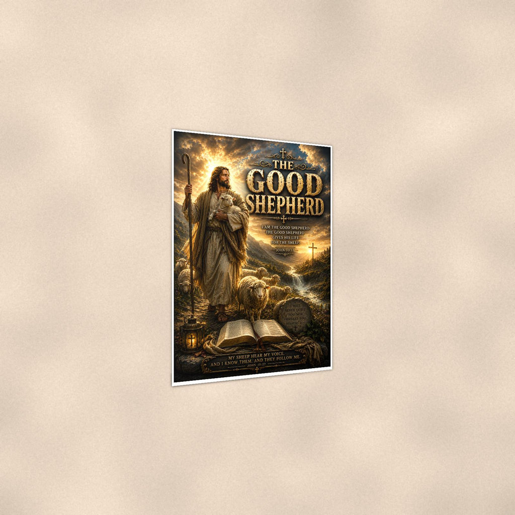 The Good Shepherd — 24x36 in art print poster, premium luster paper with a white border; gentle three-quarter angle on a warm wall, showing the flat paper edge.