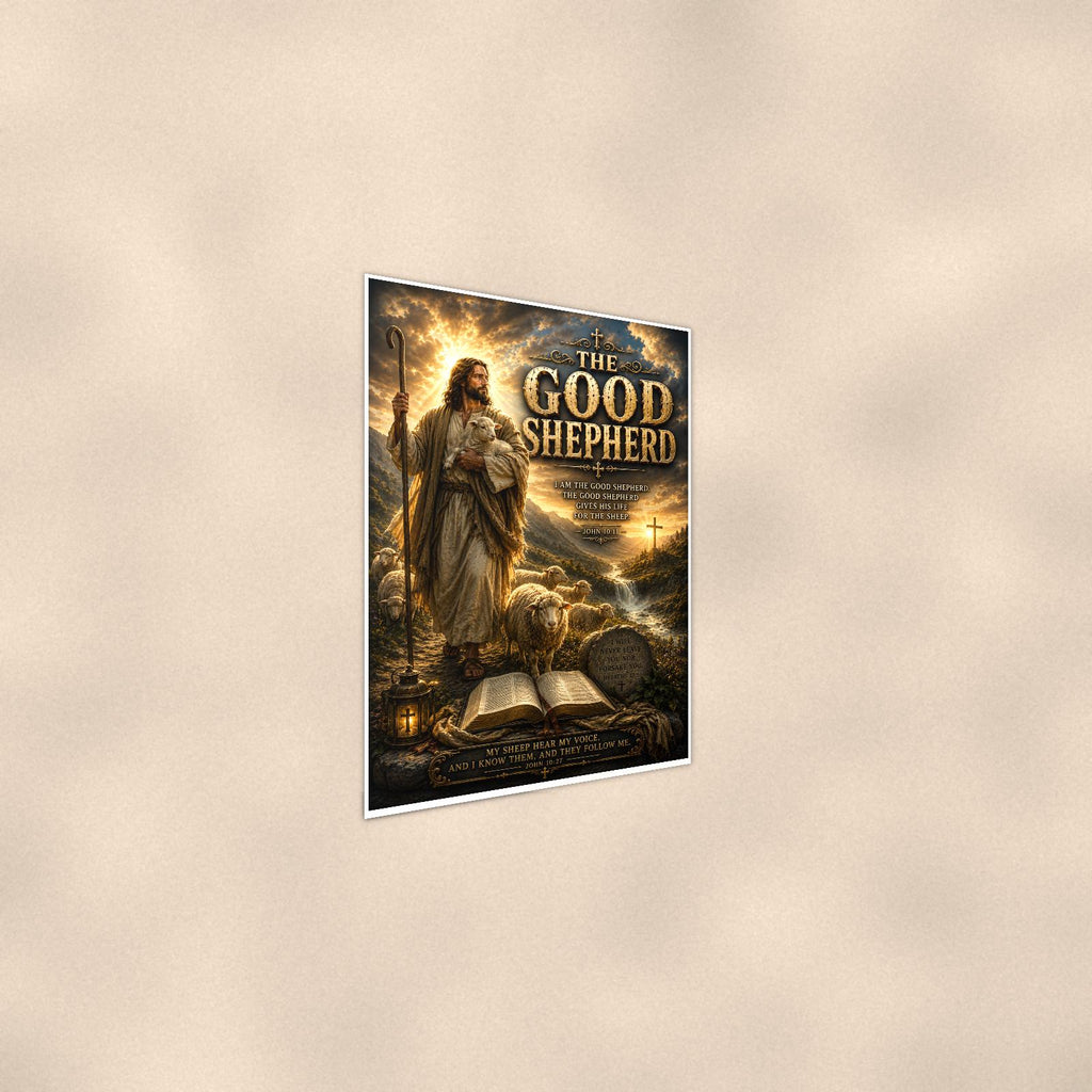The Good Shepherd — 24x36 in art print poster, premium luster paper with a white border; steeper three-quarter angle on a warm wall, catching the luster sheen.