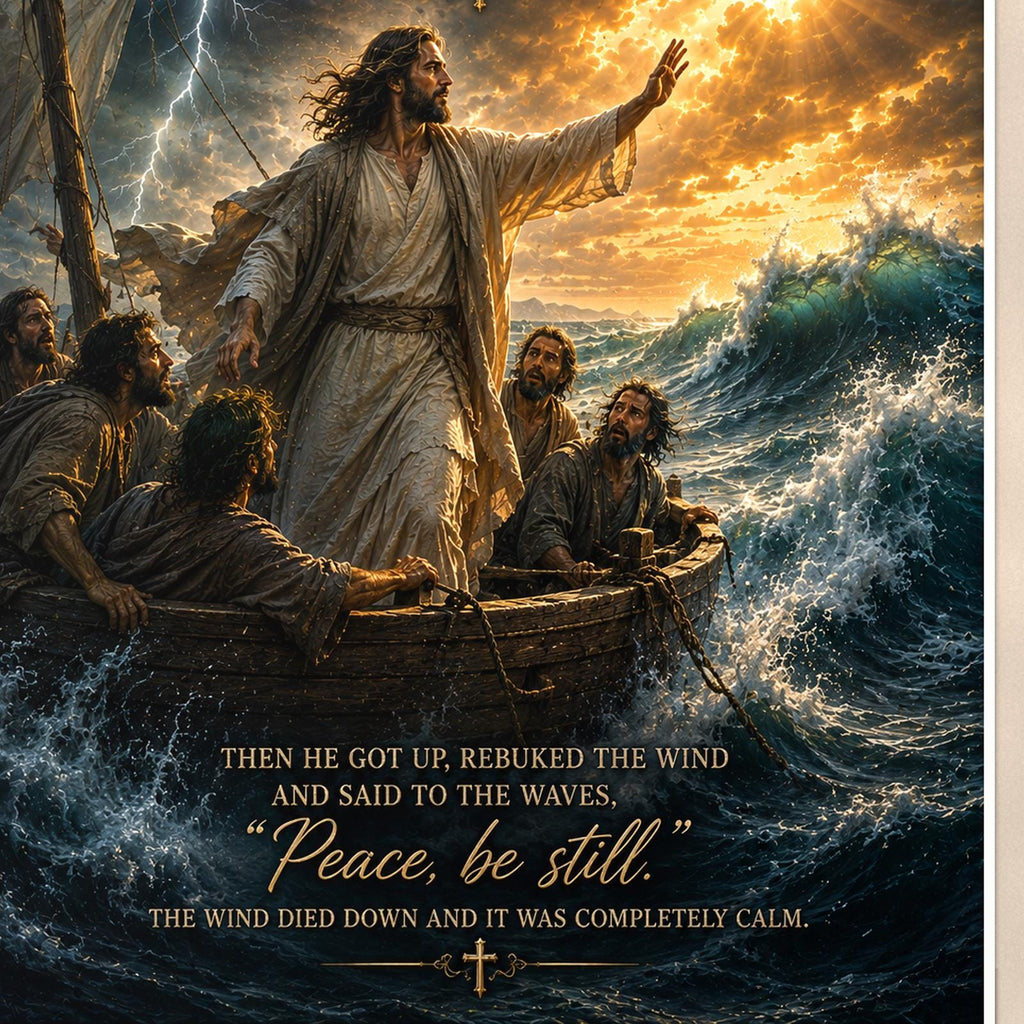 Peace Be Still — 24x36 in art print poster, premium luster paper with a white border; close-up framed on the main subject of the artwork, paper surface visible.