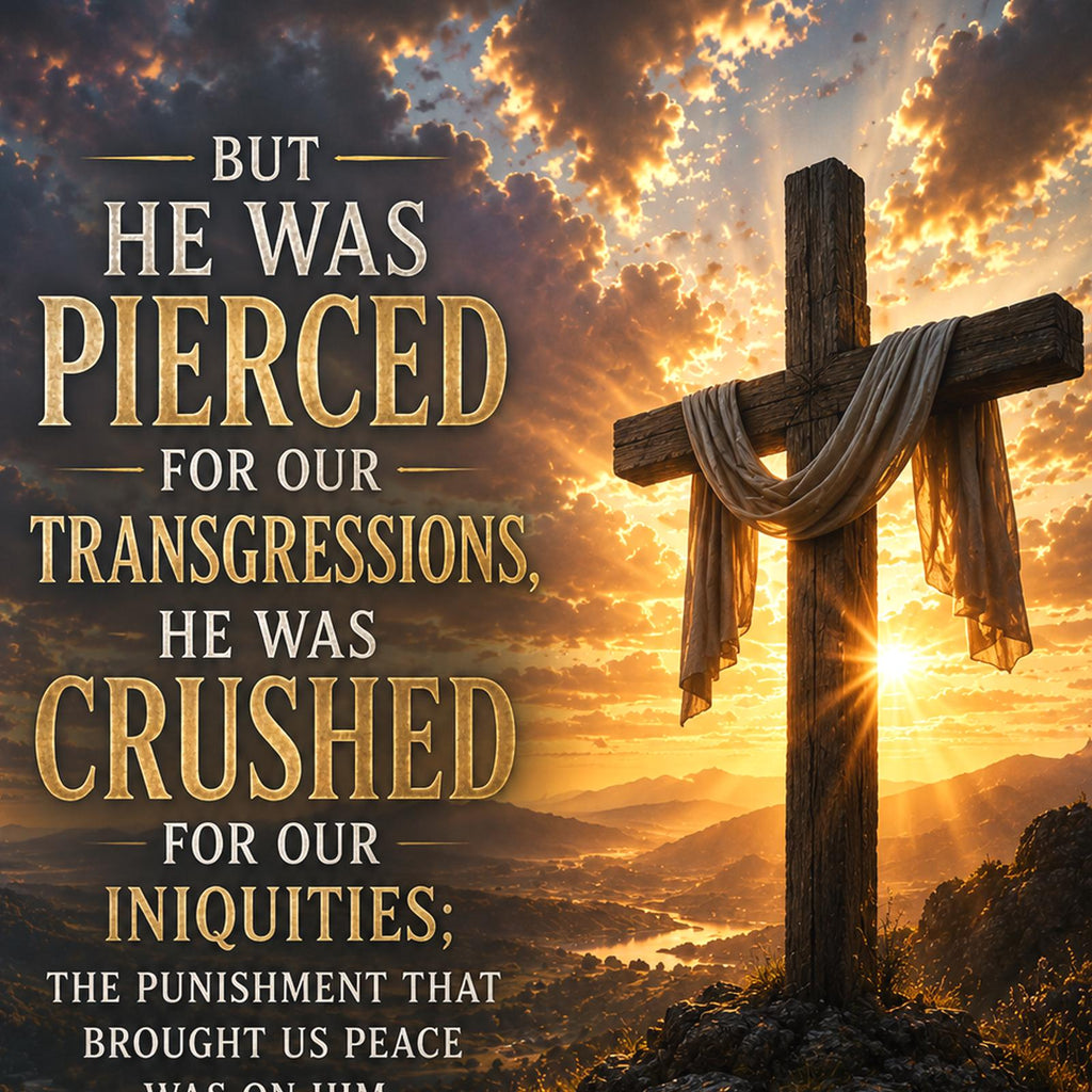 He Was Pierced — 24x36 in art print poster, premium luster paper with a white border; close-up framed on the main subject of the artwork, paper surface visible.
