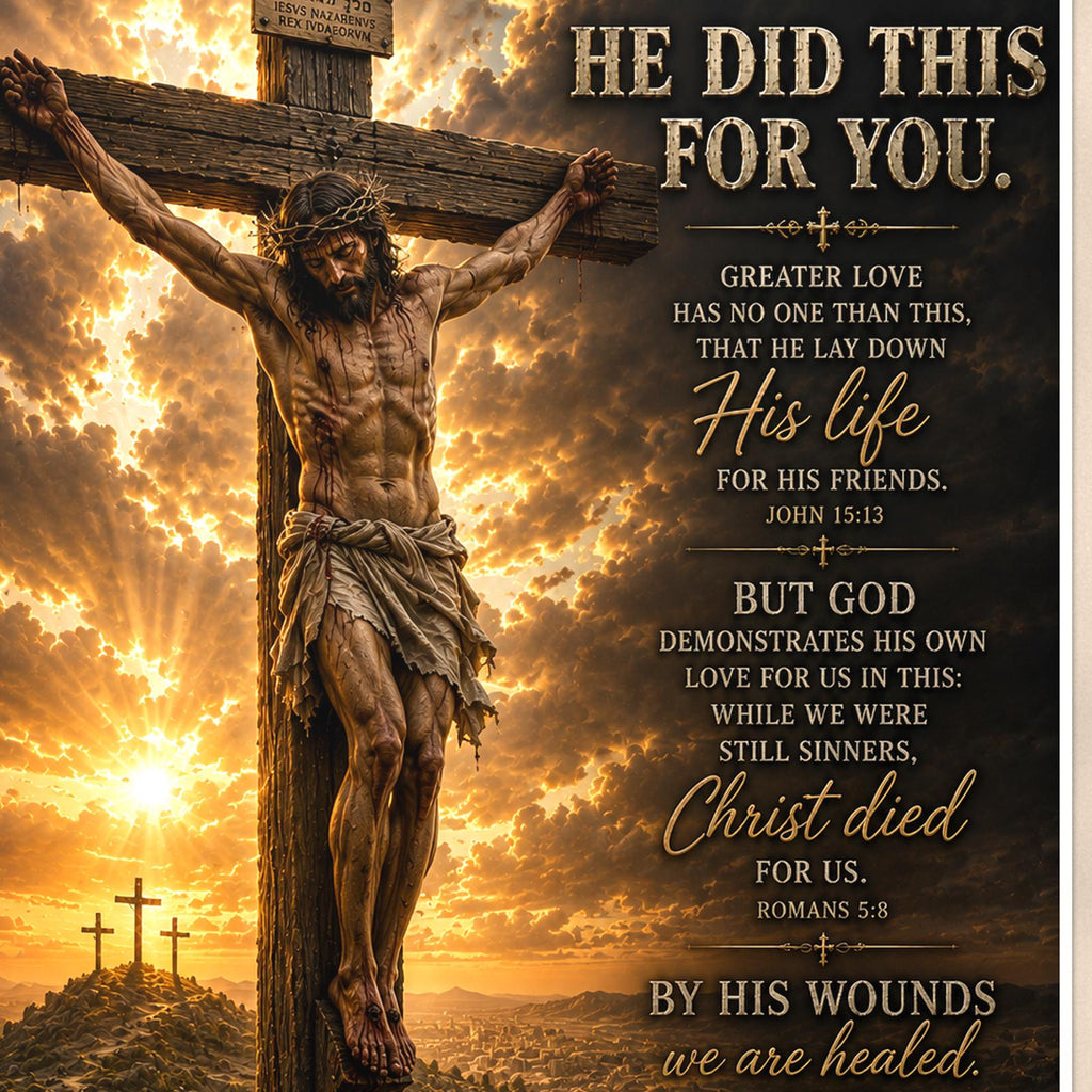 He Did This for You — 24x36 in art print poster, premium luster paper with a white border; close-up framed on the main subject of the artwork, paper surface visible.