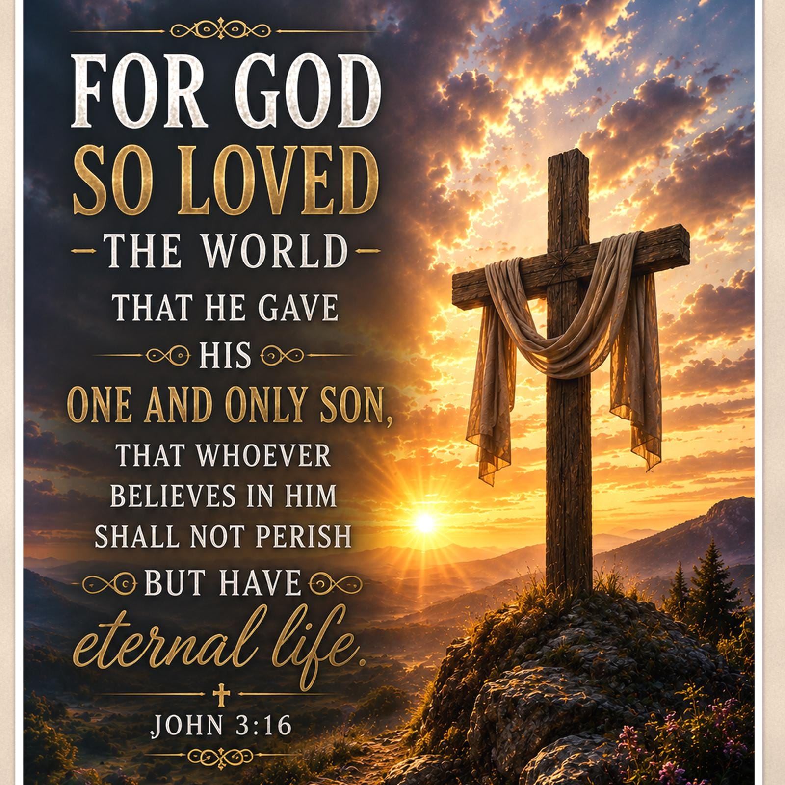 For God So Loved The World — 24x36 in art print poster, premium luster paper with a white border; close-up framed on the main subject of the artwork, paper surface visible.