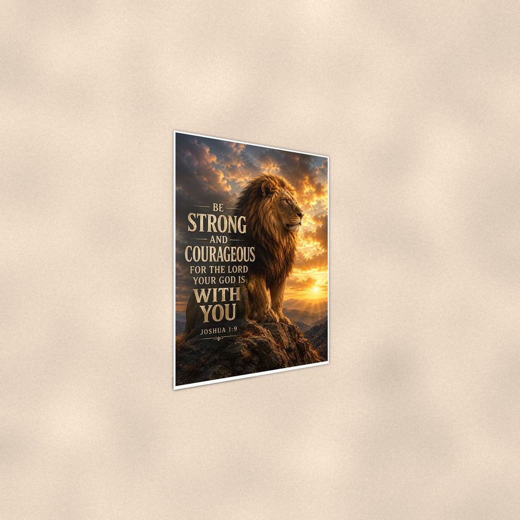 Be Strong and Courageous — 24x36 in art print poster, premium luster paper with a white border; steeper three-quarter angle on a warm wall, catching the luster sheen.