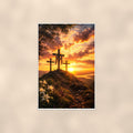 Three Crosses Sunset — 24x36 in art print poster, premium luster paper with a white border; poster shown straight on against a warm wall.