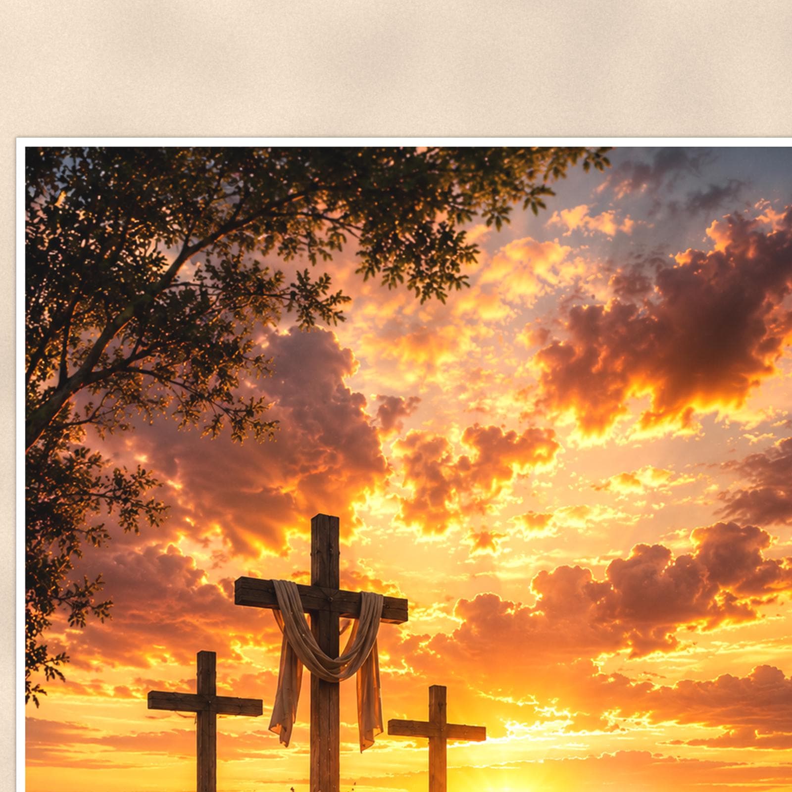 Three Crosses Sunset — 24x36 in art print poster, premium luster paper with a white border; close-up framed on the main subject of the artwork, paper surface visible.
