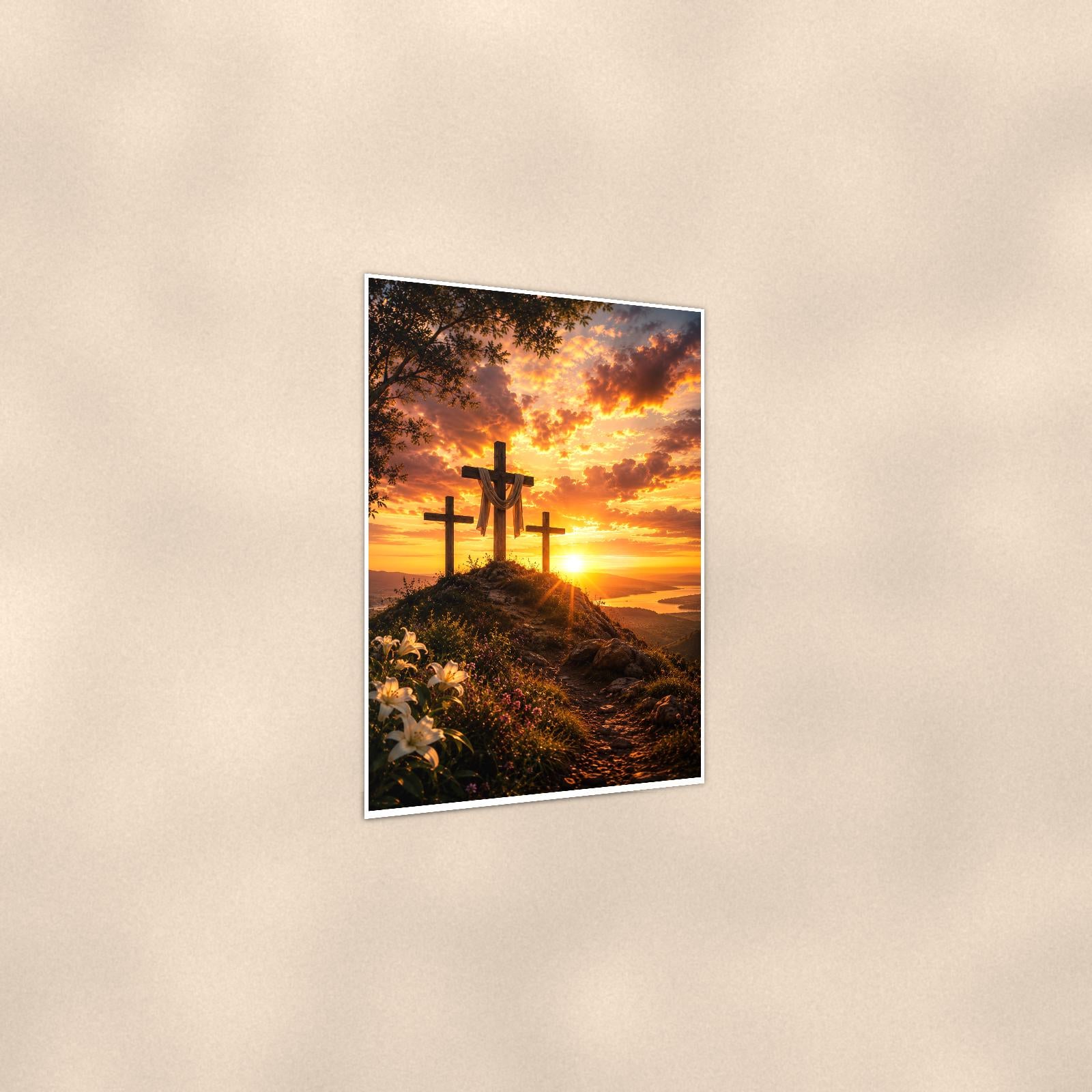Three Crosses Sunset — 24x36 in art print poster, premium luster paper with a white border; gentle three-quarter angle on a warm wall, showing the flat paper edge.