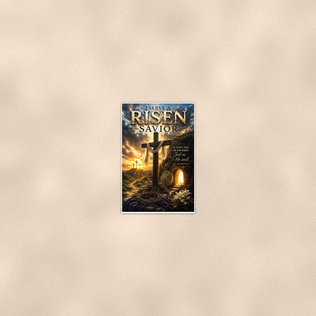 Risen Savior — 24x36 in art print poster, premium luster paper with a white border; poster seen from further back, at true 24x36 in scale on a warm wall.