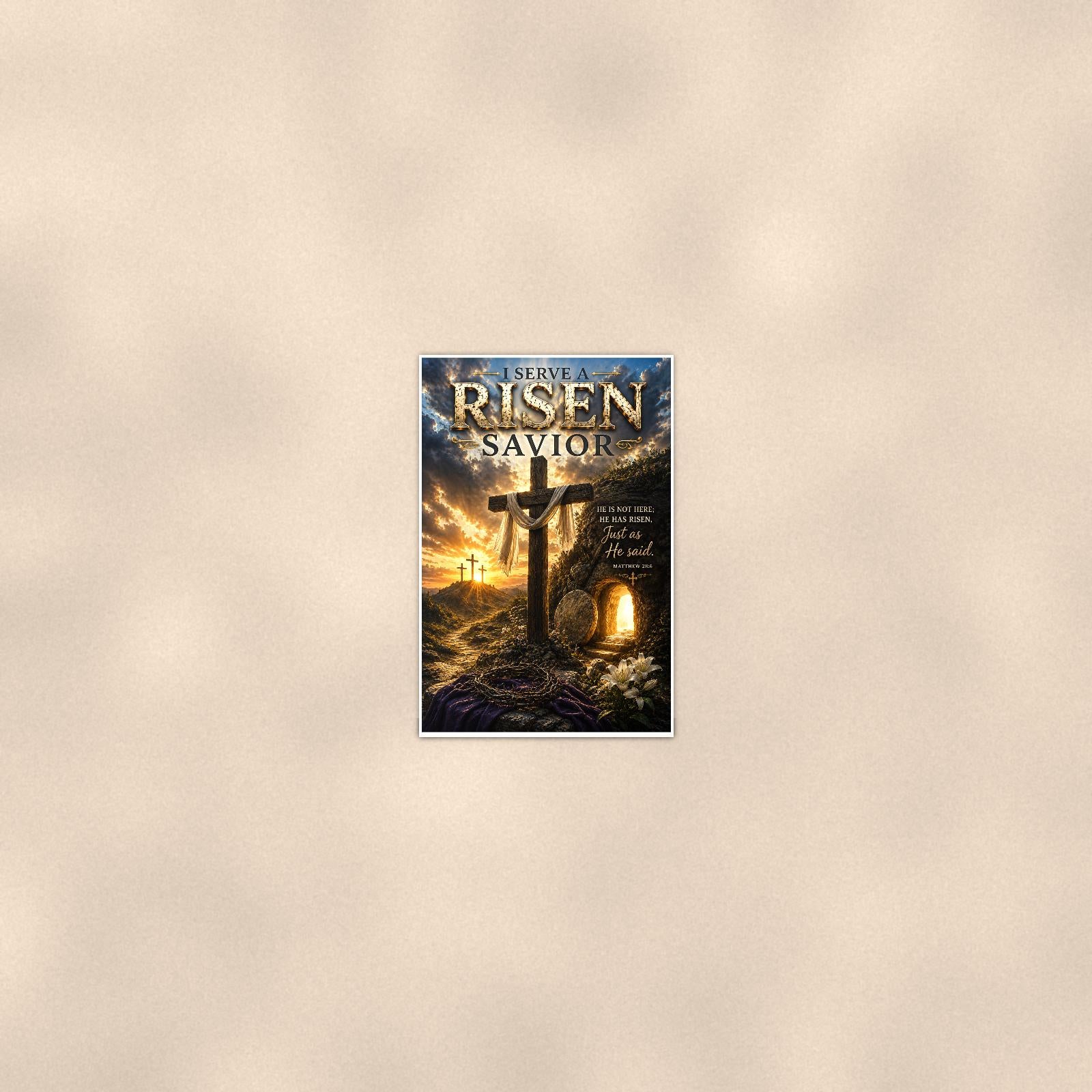 Risen Savior — 24x36 in art print poster, premium luster paper with a white border; poster seen from further back, at true 24x36 in scale on a warm wall.