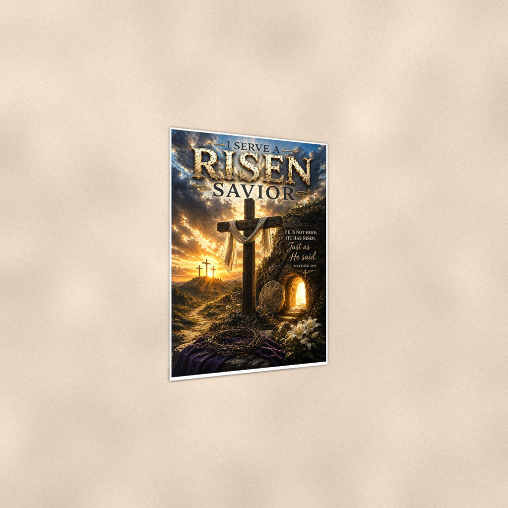 Risen Savior — 24x36 in art print poster, premium luster paper with a white border; gentle three-quarter angle on a warm wall, showing the flat paper edge.