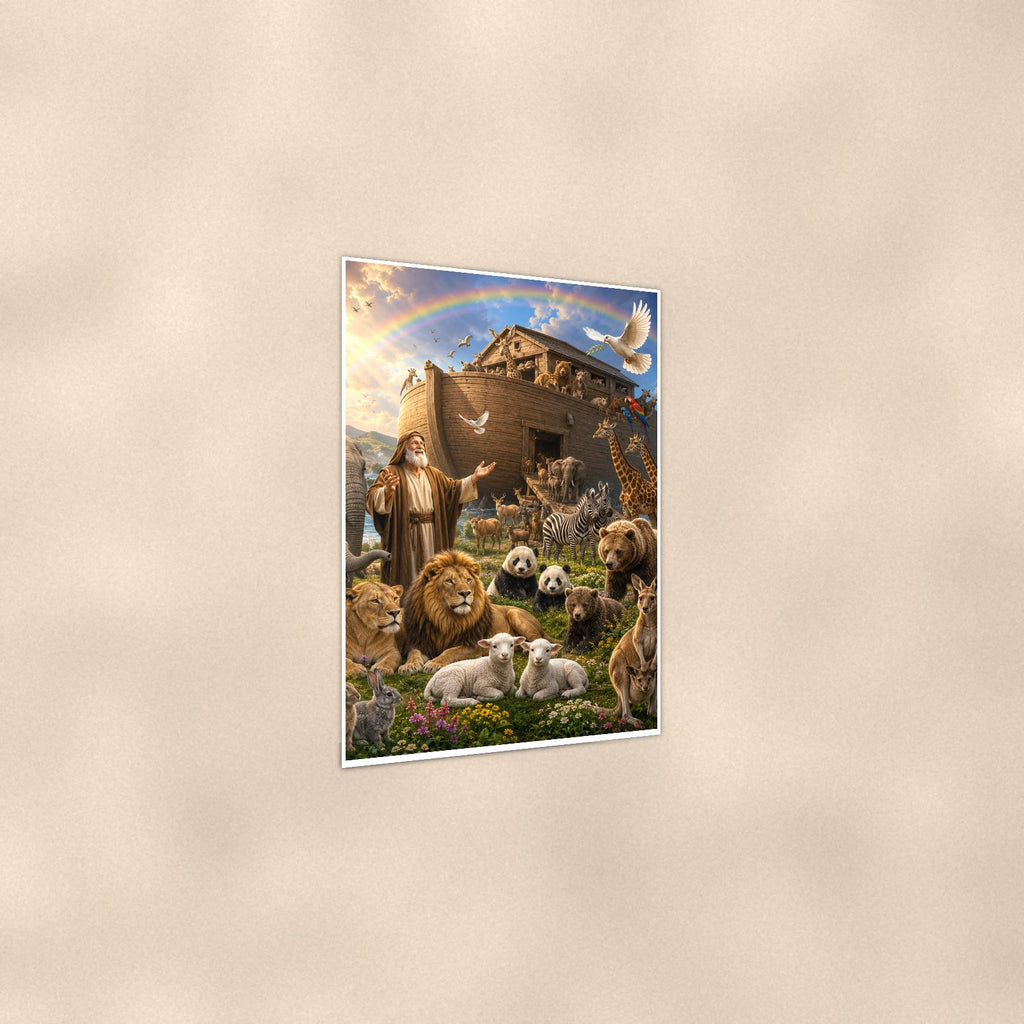 Noah’s Ark Animals — 24x36 in art print poster, premium luster paper with a white border; gentle three-quarter angle on a warm wall, showing the flat paper edge.