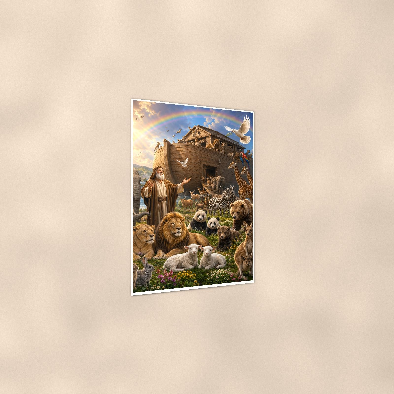 Noah’s Ark Animals — 24x36 in art print poster, premium luster paper with a white border; gentle three-quarter angle on a warm wall, showing the flat paper edge.