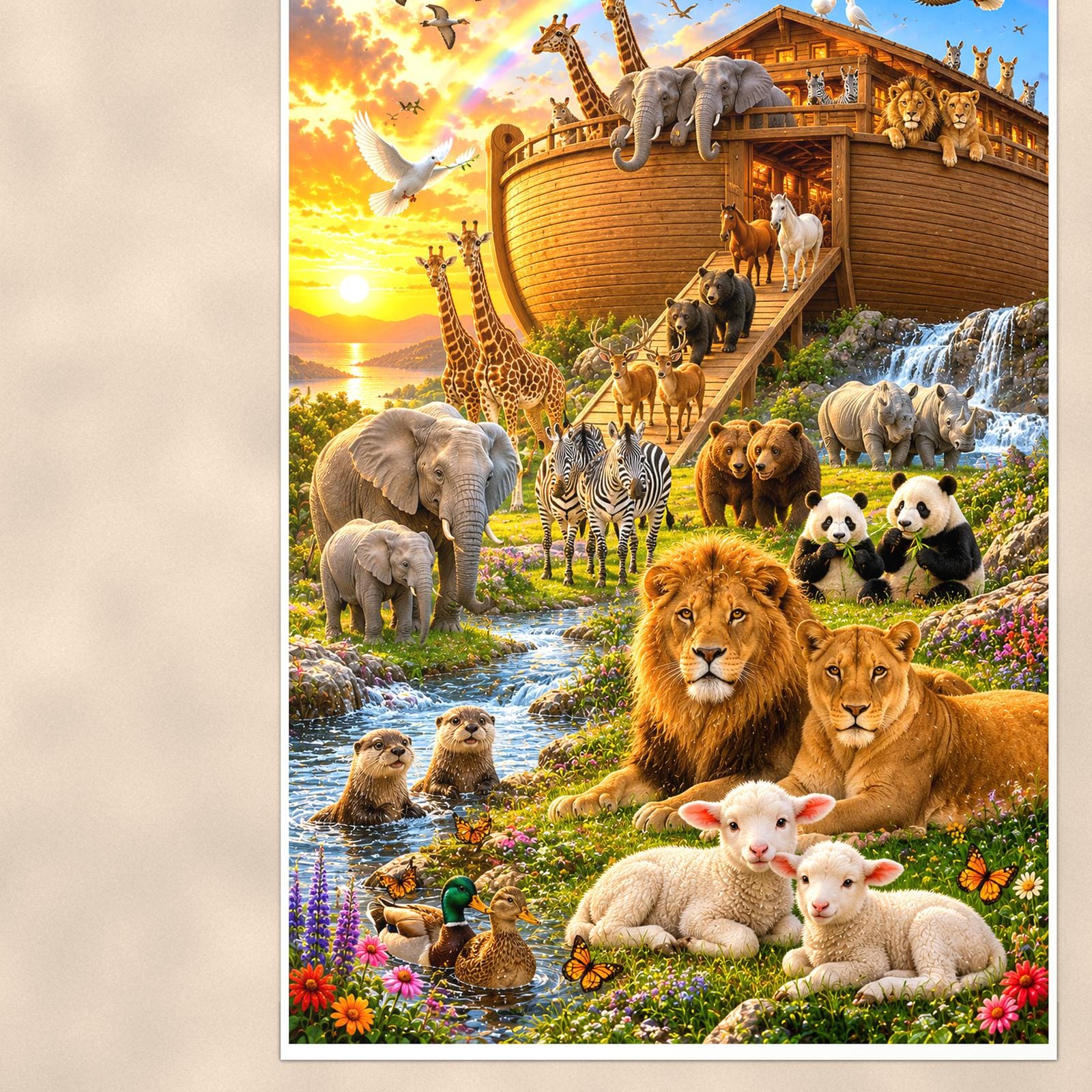 Noah’s Ark Rainbow — 24x36 in art print poster, premium luster paper with a white border; close-up framed on the main subject of the artwork, paper surface visible.