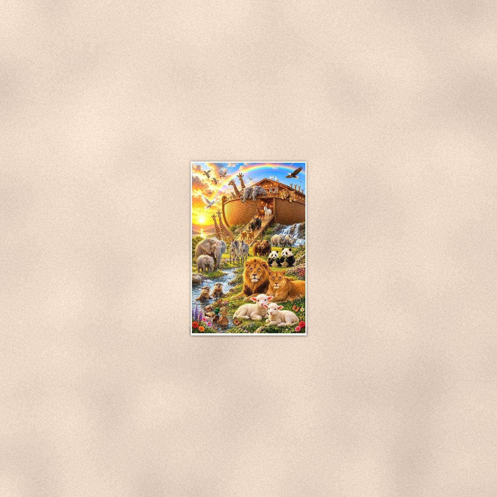Noah’s Ark Rainbow — 24x36 in art print poster, premium luster paper with a white border; poster seen from further back, at true 24x36 in scale on a warm wall.
