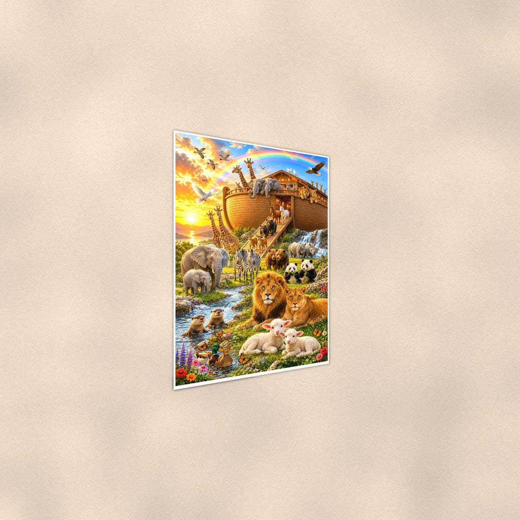 Noah’s Ark Rainbow — 24x36 in art print poster, premium luster paper with a white border; steeper three-quarter angle on a warm wall, catching the luster sheen.