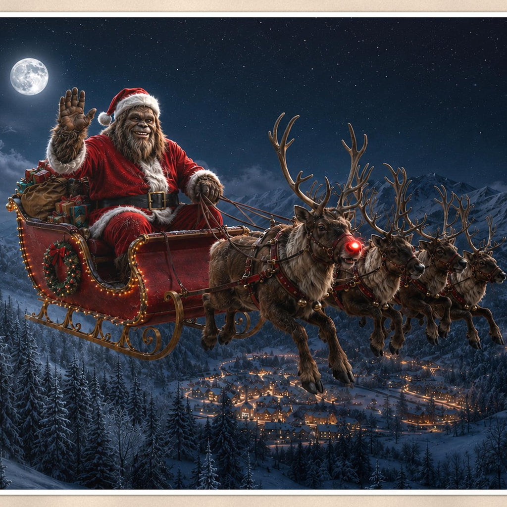 Santa Sleigh Bigfoot — 36x24 in art print poster, premium luster paper with a white border; close-up framed on the main subject of the artwork, paper surface visible.