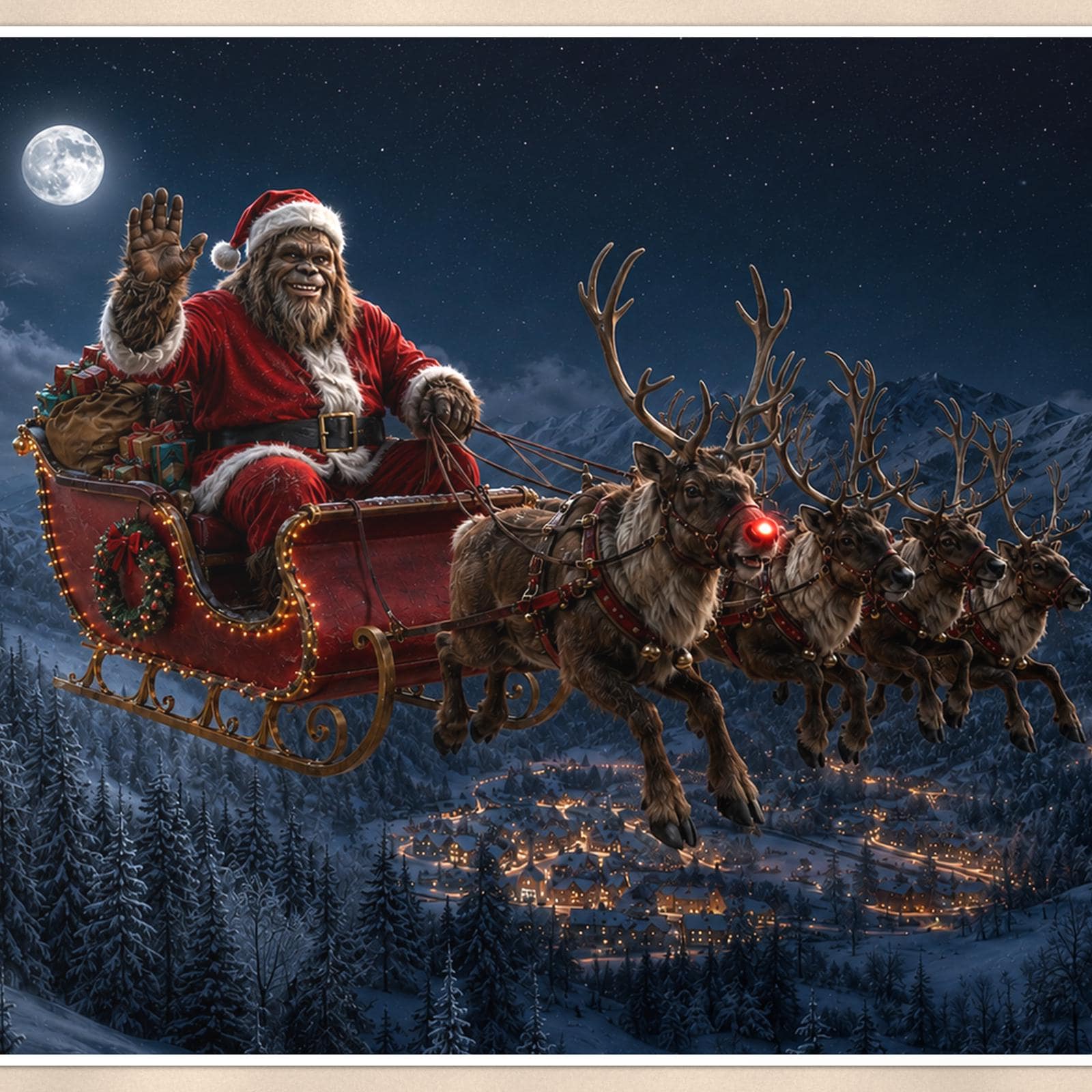 Santa Sleigh Bigfoot — 36x24 in art print poster, premium luster paper with a white border; close-up framed on the main subject of the artwork, paper surface visible.