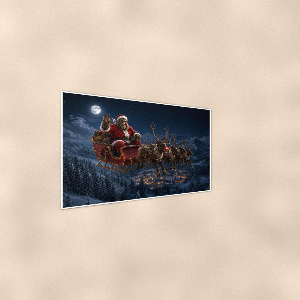Santa Sleigh Bigfoot — 36x24 in art print poster, premium luster paper with a white border; steeper three-quarter angle on a warm wall, catching the luster sheen.