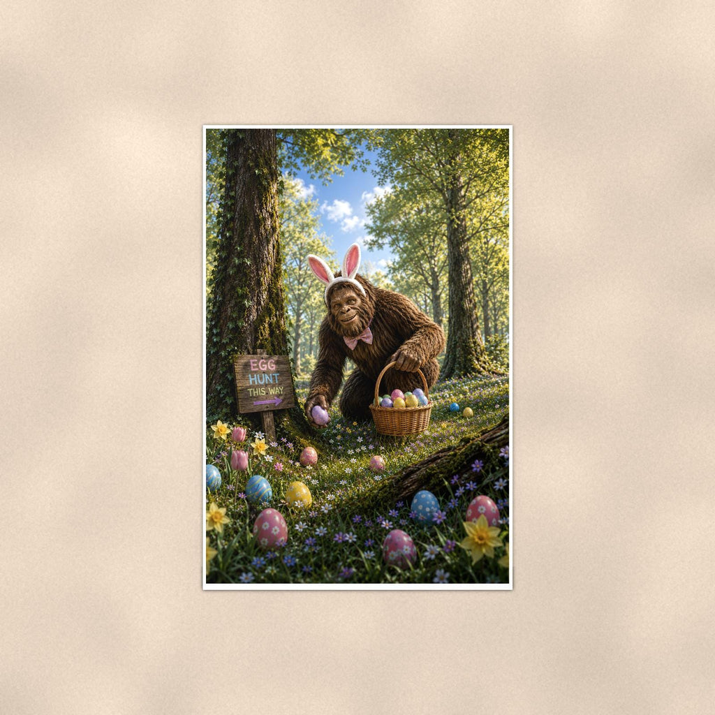 Easter Bigfoot — 24x36 in art print poster, premium luster paper with a white border; poster shown straight on against a warm wall.