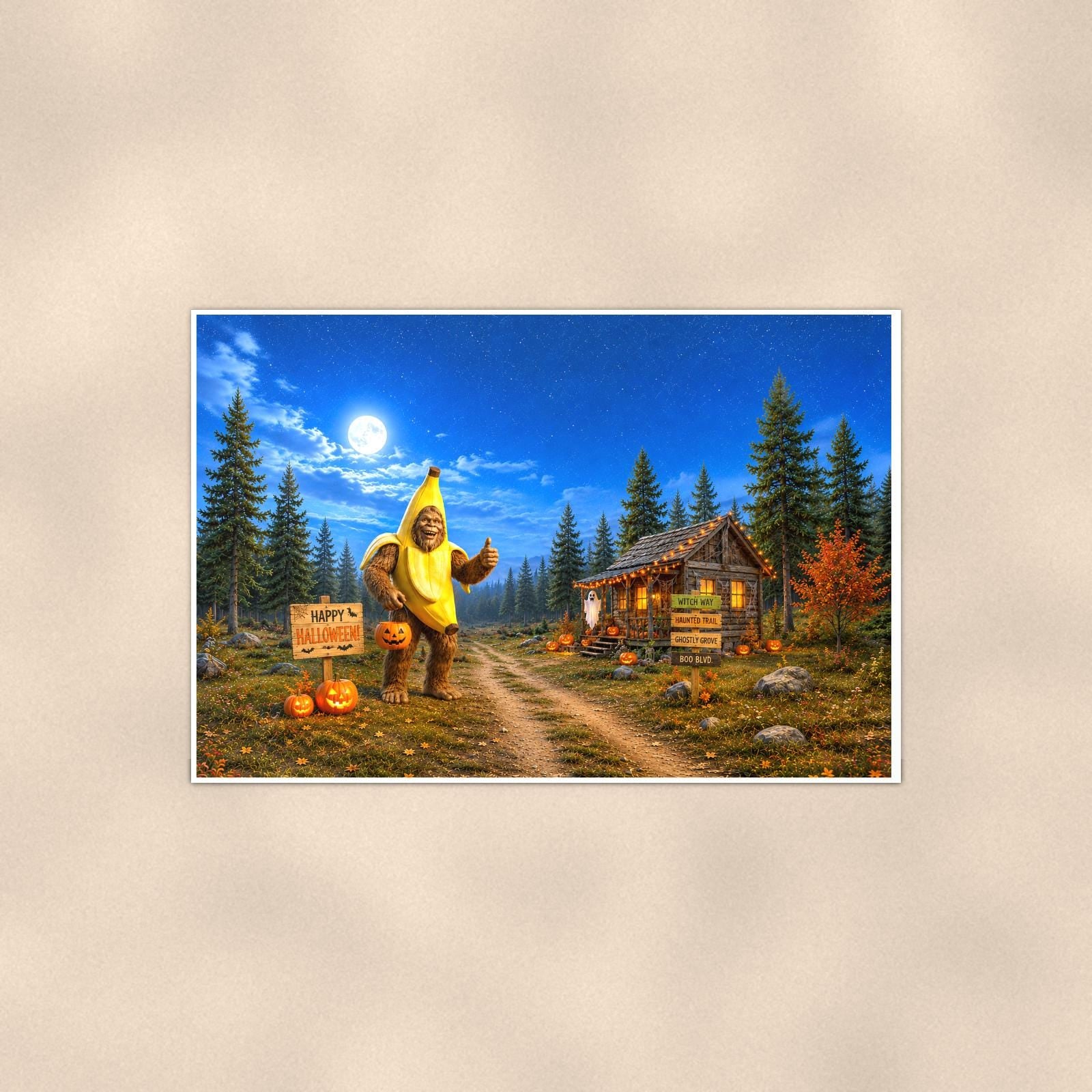 Halloween Bigfoot — 36x24 in art print poster, premium luster paper with a white border; poster shown straight on against a warm wall.