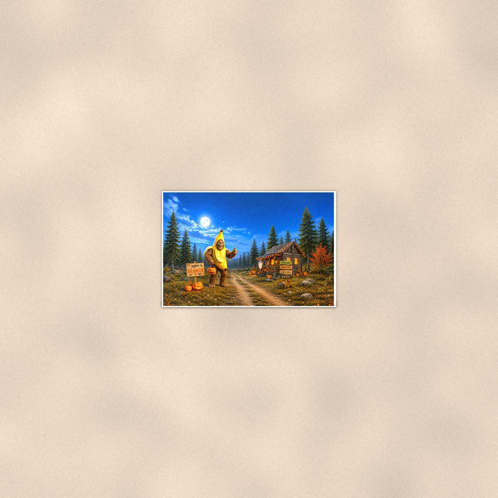 Halloween Bigfoot — 36x24 in art print poster, premium luster paper with a white border; poster seen from further back, at true 24x36 in scale on a warm wall.