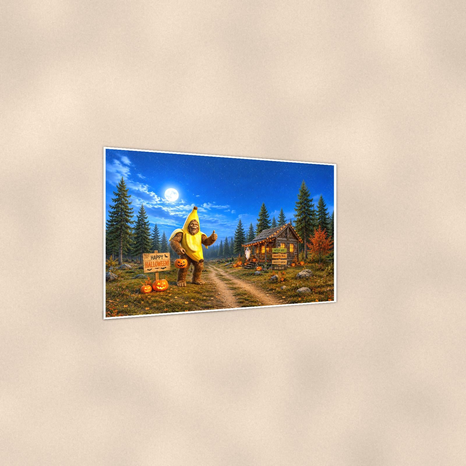 Halloween Bigfoot — 36x24 in art print poster, premium luster paper with a white border; gentle three-quarter angle on a warm wall, showing the flat paper edge.