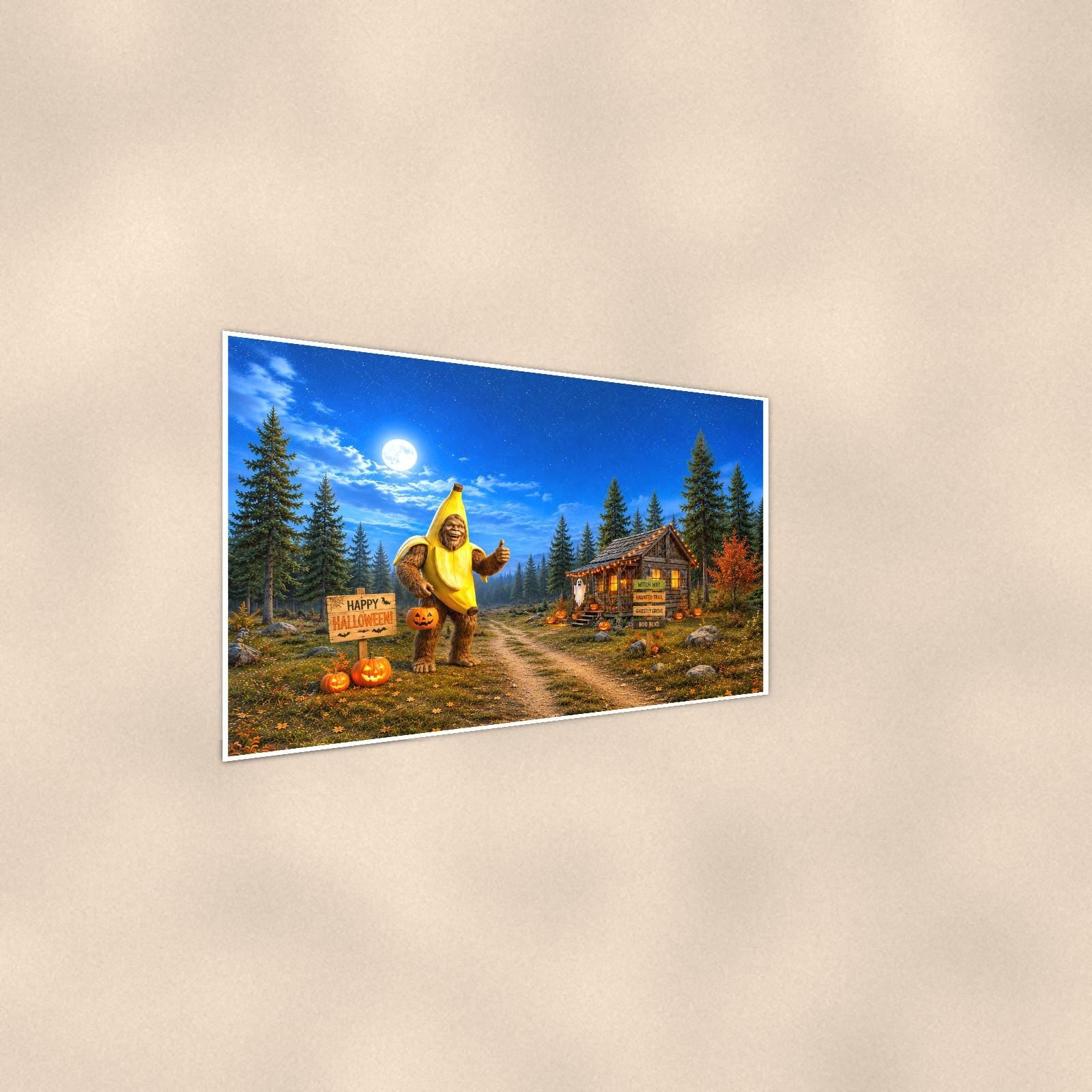 Halloween Bigfoot — 36x24 in art print poster, premium luster paper with a white border; steeper three-quarter angle on a warm wall, catching the luster sheen.
