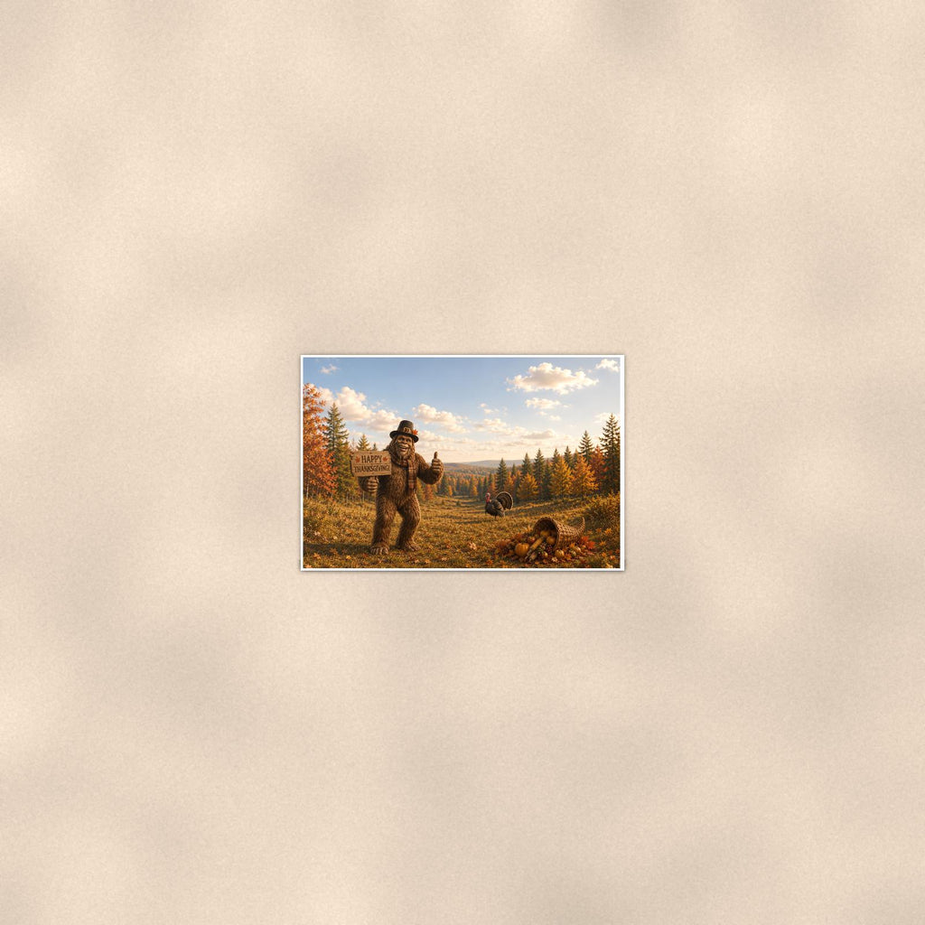 Thanksgiving Bigfoot — 36x24 in art print poster, premium luster paper with a white border; poster seen from further back, at true 24x36 in scale on a warm wall.