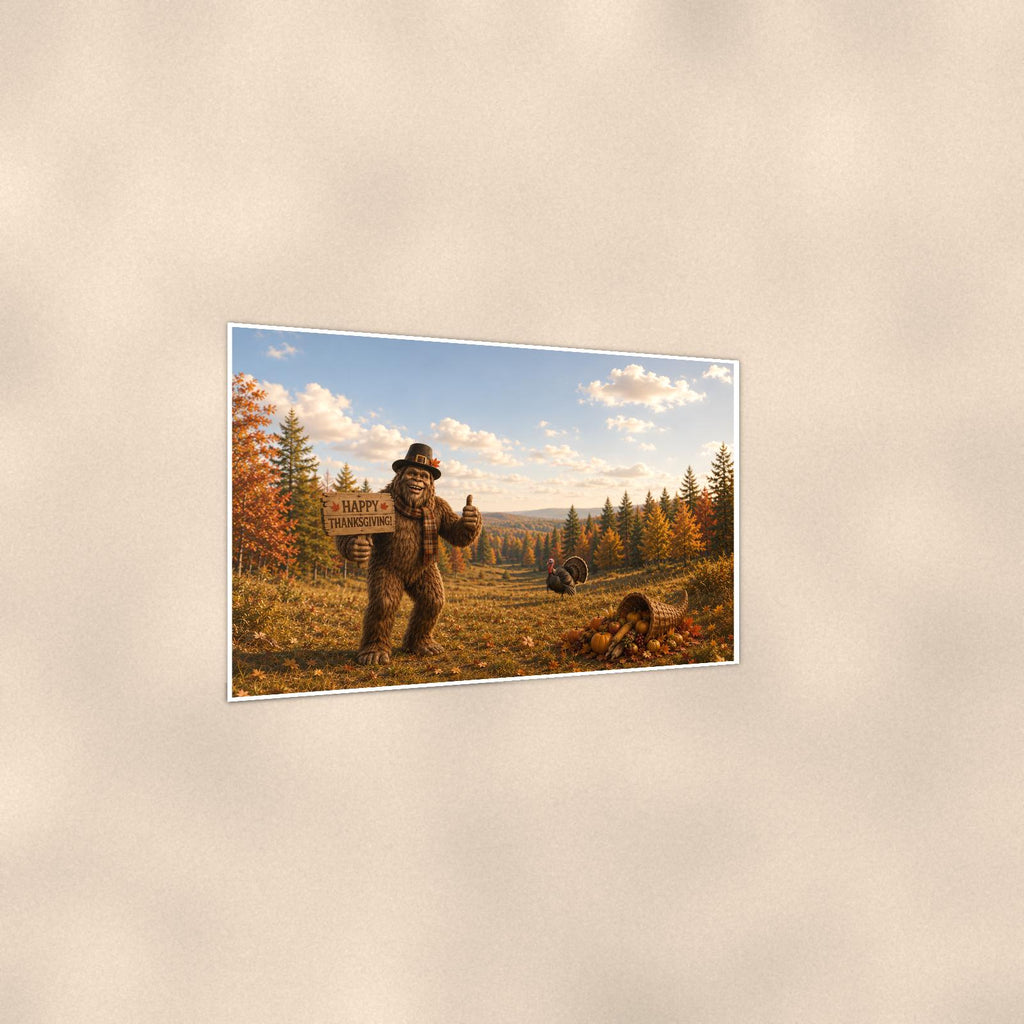 Thanksgiving Bigfoot — 36x24 in art print poster, premium luster paper with a white border; gentle three-quarter angle on a warm wall, showing the flat paper edge.