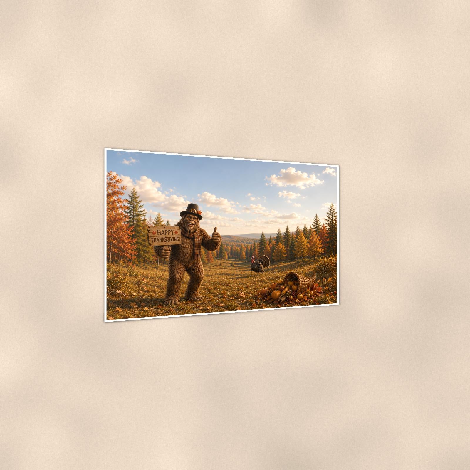 Thanksgiving Bigfoot — 36x24 in art print poster, premium luster paper with a white border; gentle three-quarter angle on a warm wall, showing the flat paper edge.