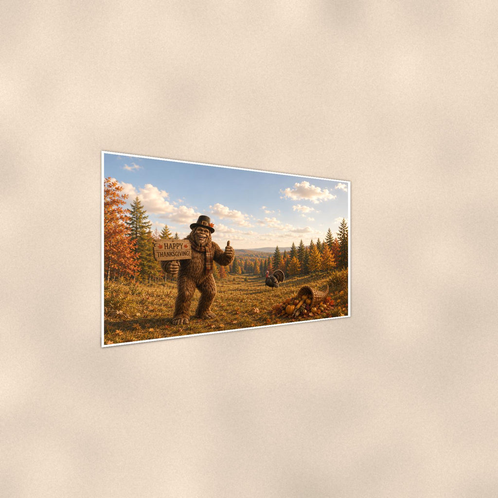 Thanksgiving Bigfoot — 36x24 in art print poster, premium luster paper with a white border; steeper three-quarter angle on a warm wall, catching the luster sheen.