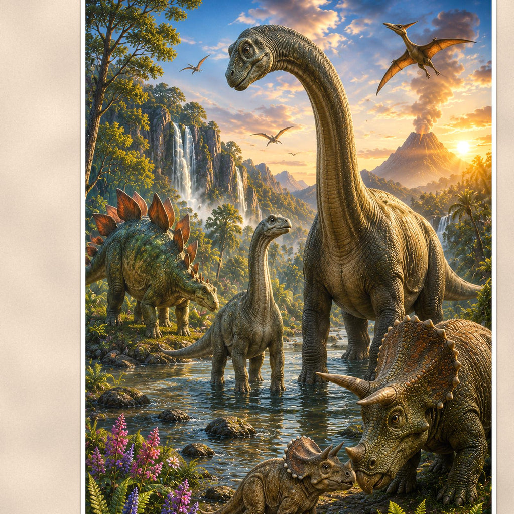 Dinosaur Valley Family — 24x36 in art print poster, premium luster paper with a white border; close-up framed on the main subject of the artwork, paper surface visible.