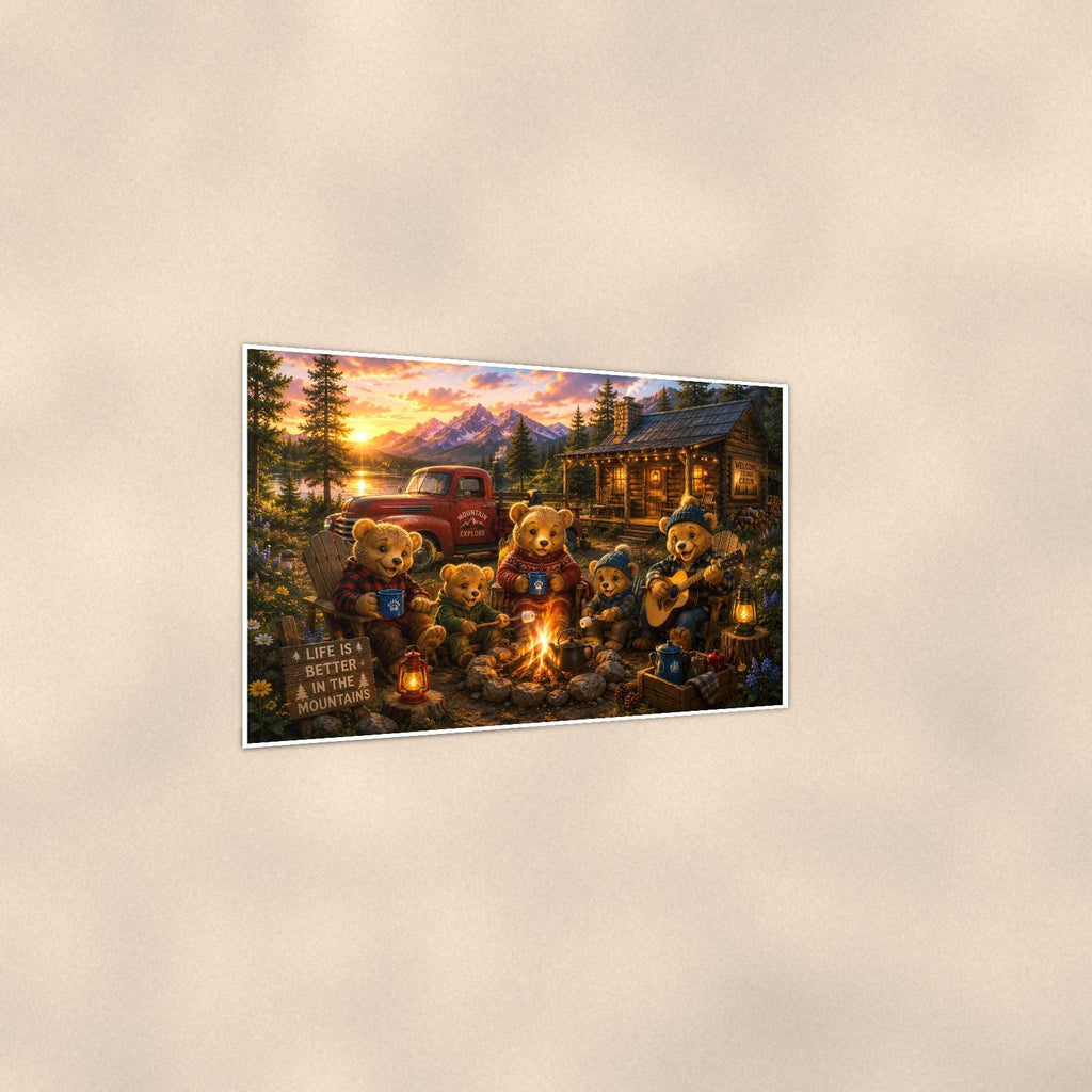 Teddy Bear Campfire Cabin — 36x24 in art print poster, premium luster paper with a white border; gentle three-quarter angle on a warm wall, showing the flat paper edge.