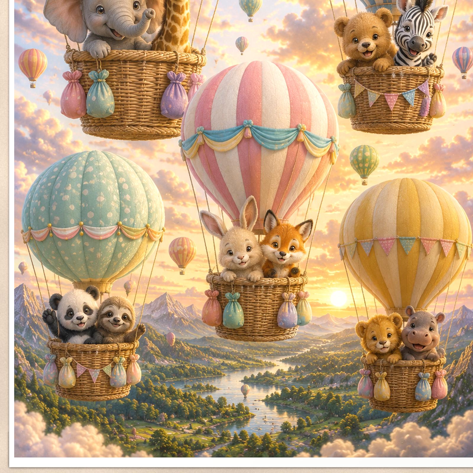 Balloon Animal Adventure — 24x36 in art print poster, premium luster paper with a white border; close-up framed on the main subject of the artwork, paper surface visible.