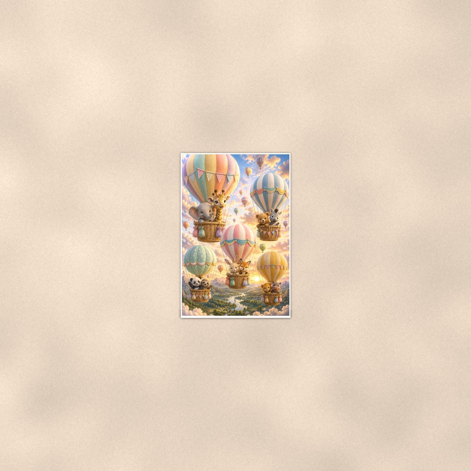 Balloon Animal Adventure — 24x36 in art print poster, premium luster paper with a white border; poster seen from further back, at true 24x36 in scale on a warm wall.