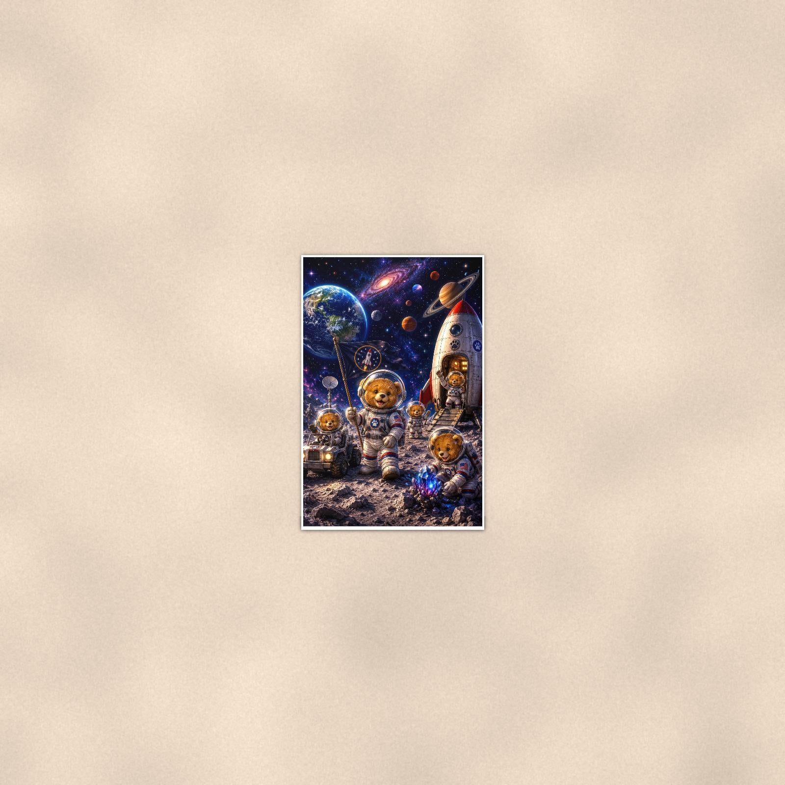 Space Explorer Bear Crew — 24x36 in art print poster, premium luster paper with a white border; poster seen from further back, at true 24x36 in scale on a warm wall.