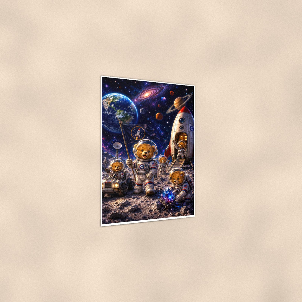 Space Explorer Bear Crew — 24x36 in art print poster, premium luster paper with a white border; gentle three-quarter angle on a warm wall, showing the flat paper edge.