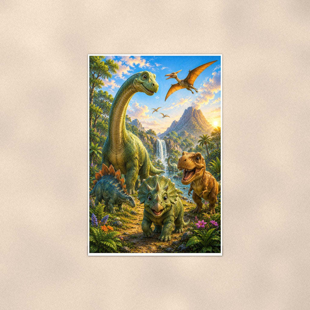 Dinosaur Valley Herd — 24x36 in art print poster, premium luster paper with a white border; poster shown straight on against a warm wall.