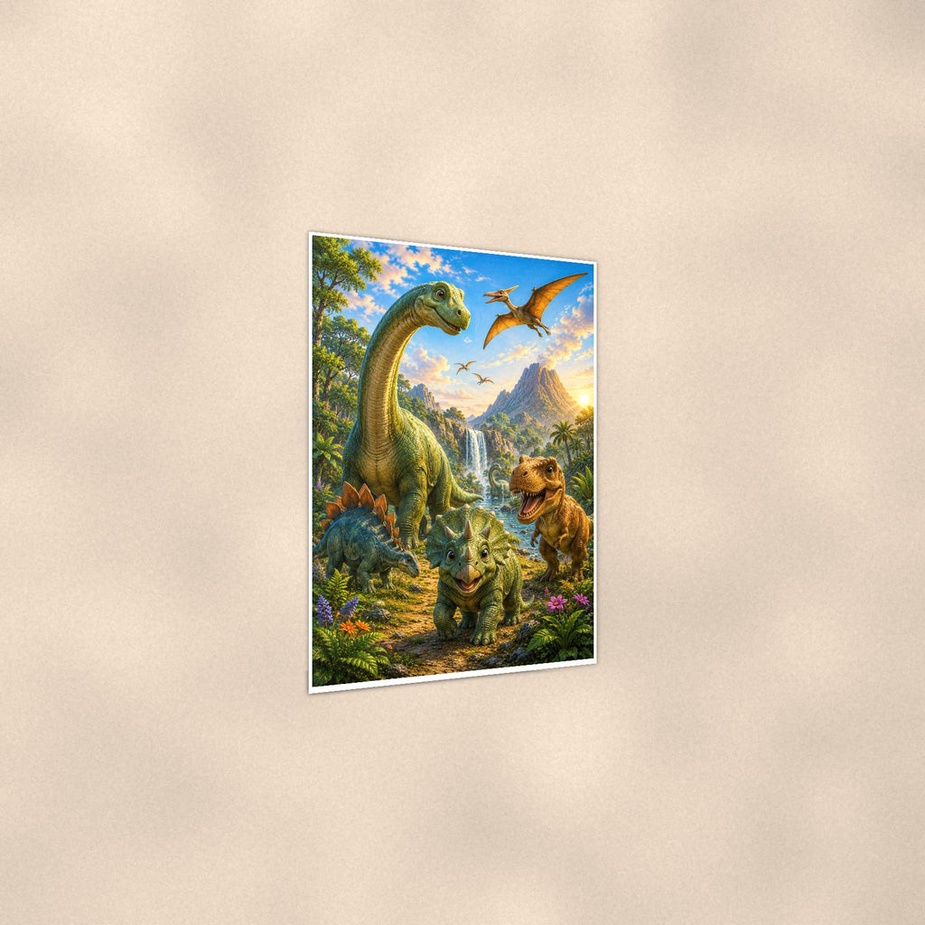 Dinosaur Valley Herd — 24x36 in art print poster, premium luster paper with a white border; gentle three-quarter angle on a warm wall, showing the flat paper edge.