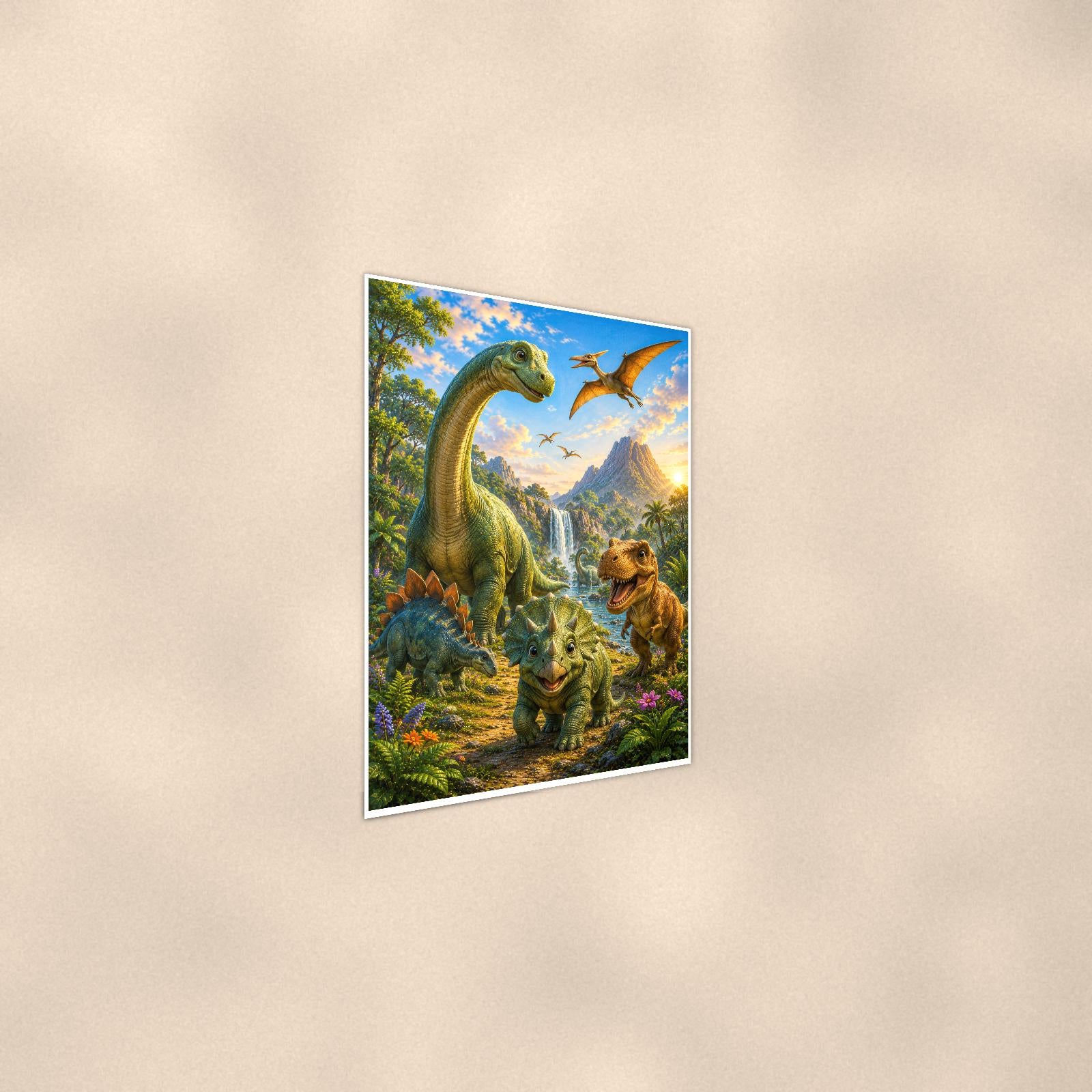 Dinosaur Valley Herd — 24x36 in art print poster, premium luster paper with a white border; steeper three-quarter angle on a warm wall, catching the luster sheen.