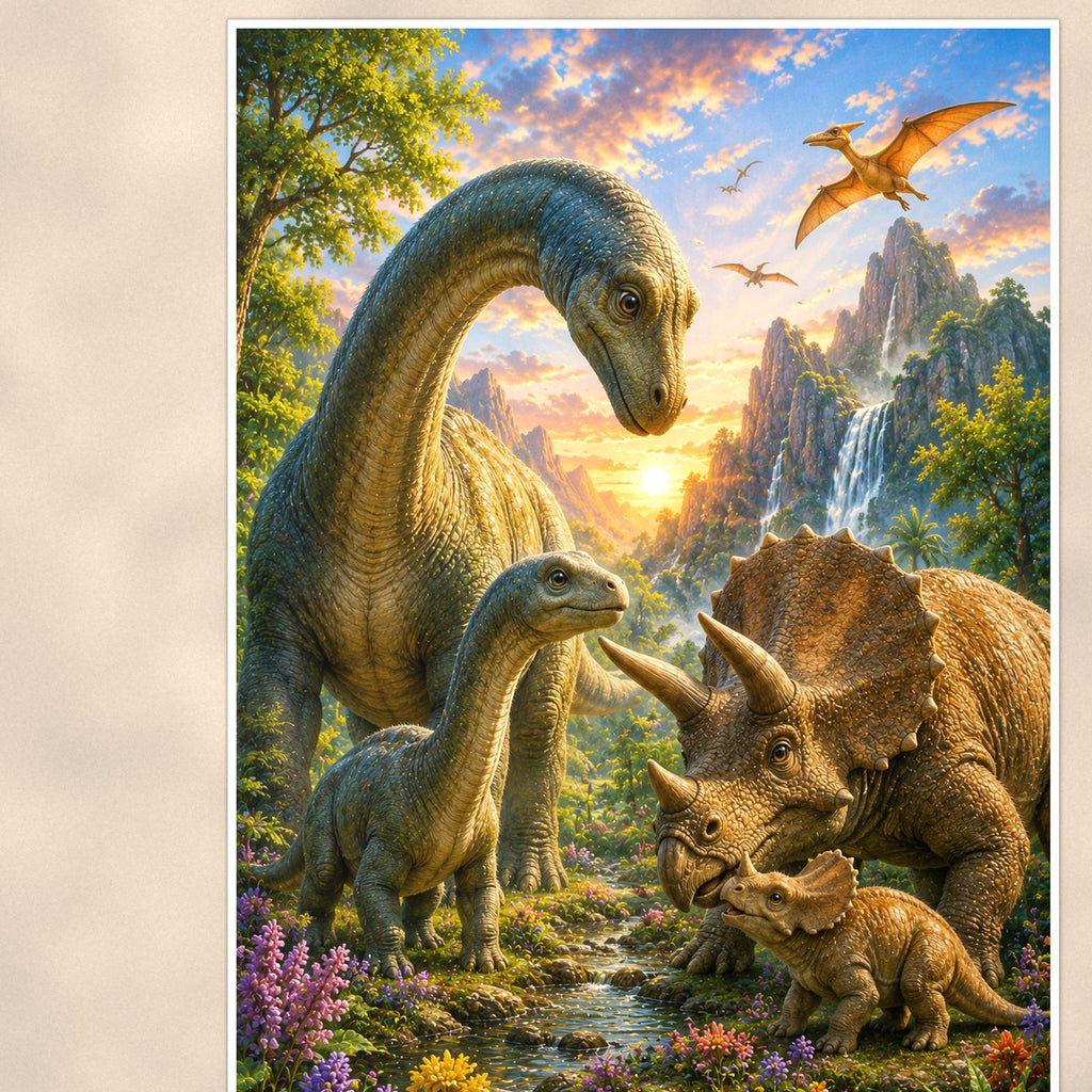 Dinosaur Family Valley — 24x36 in art print poster, premium luster paper with a white border; close-up framed on the main subject of the artwork, paper surface visible.