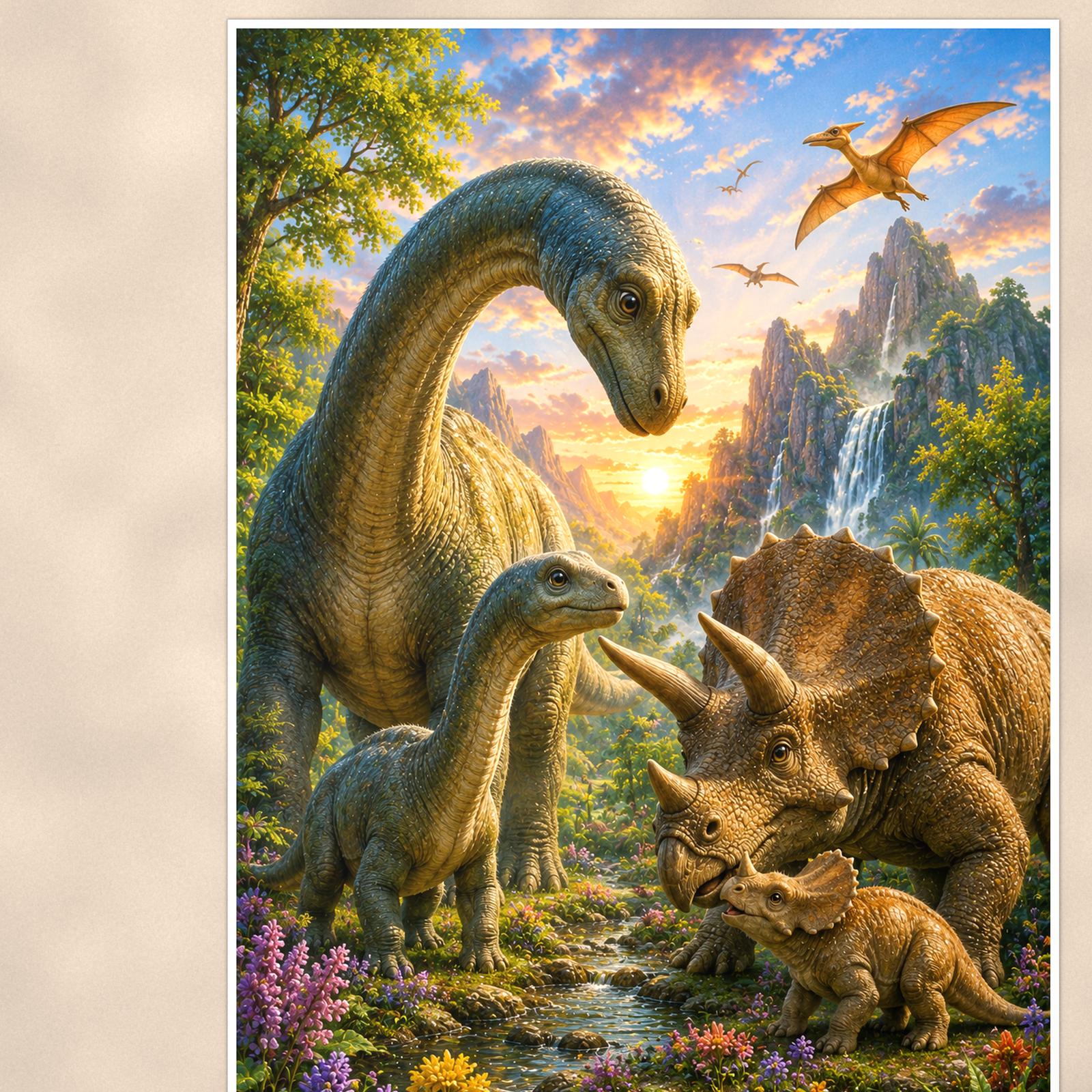 Dinosaur Family Valley — 24x36 in art print poster, premium luster paper with a white border; close-up framed on the main subject of the artwork, paper surface visible.