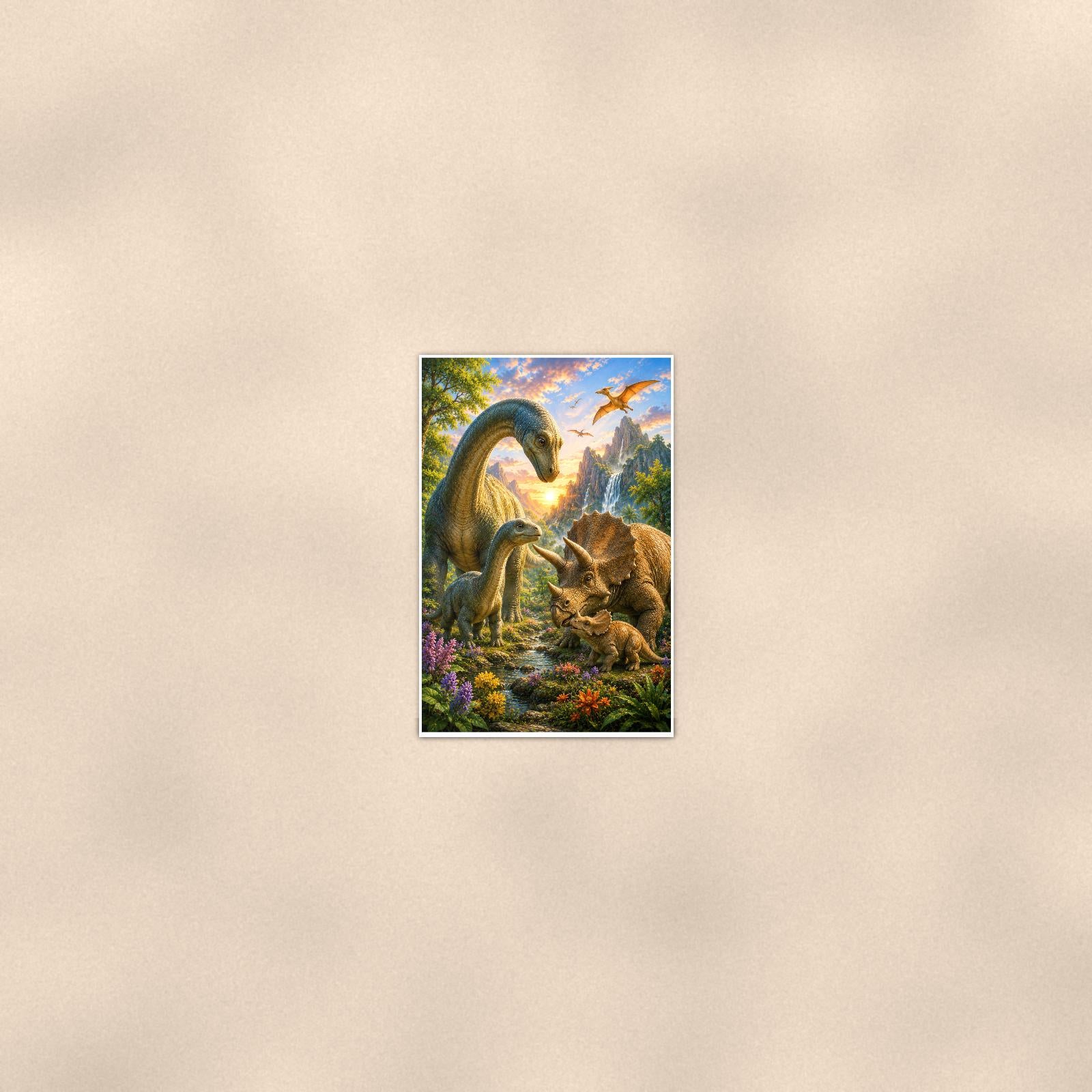 Dinosaur Family Valley — 24x36 in art print poster, premium luster paper with a white border; poster seen from further back, at true 24x36 in scale on a warm wall.